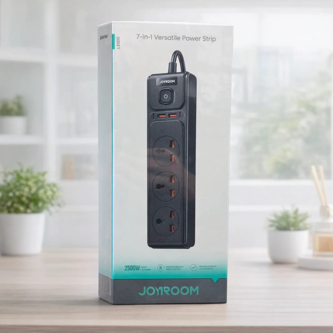 JOYROOM 7-in-1 Versatile Power Strip (JR-TE1) – 2500W, 3 Universal AC Outlets, 4 USB Ports (20W PD/QC Fast Charging), 2m Extension Cord – Black