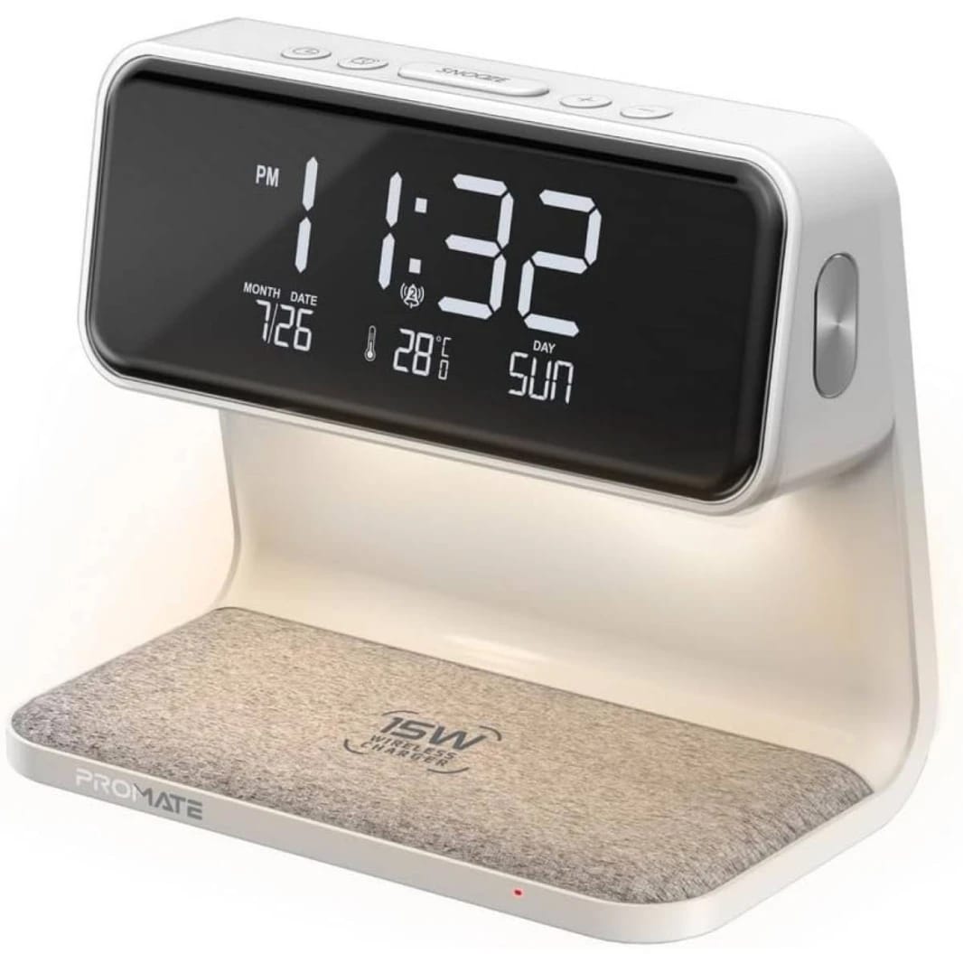 Promate Lumix-15W, 3-in-1 Digital Alarm Clock with Wireless Charger, Dual Alarm, LED Display