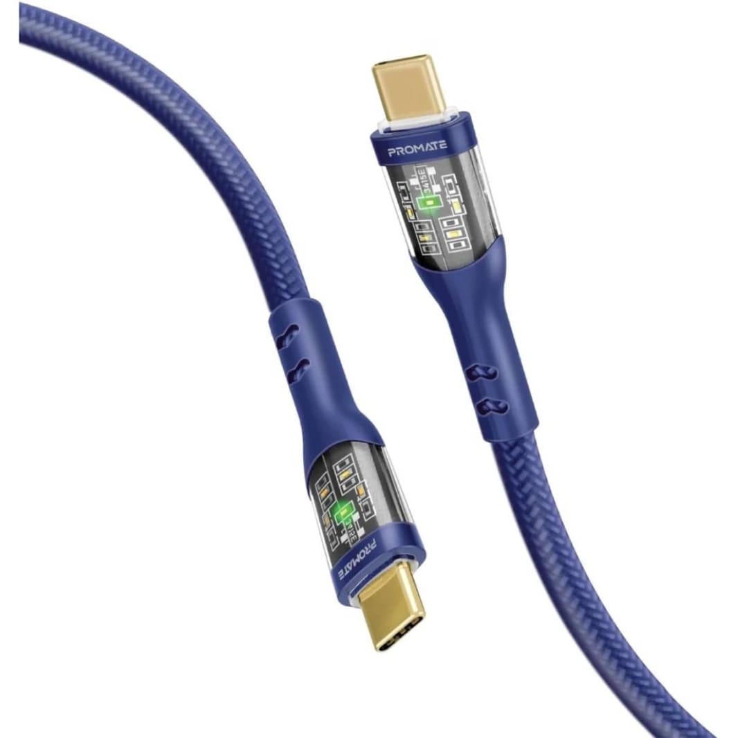Promate USB-C Cable, Ultra-Fast 60W Type-C Cable with 480Mbps Sync Charge, Stylish Transparent Shell, 2m Nylon Braided Wire (Blue)