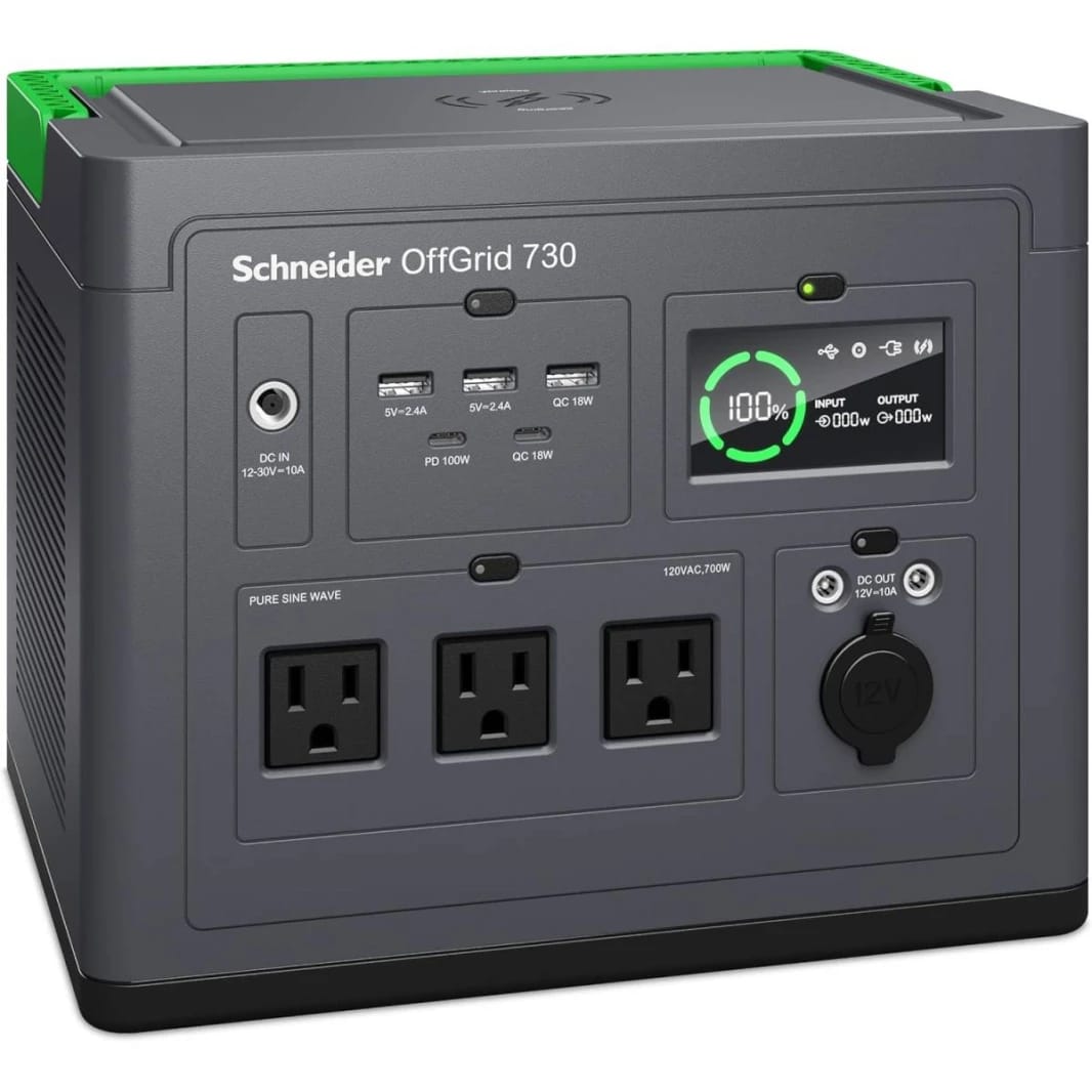 Schneider OffGrid Portable Power Station 730, 700W, 230V, 738Wh Lithium-ion, LCD, 2 BS1363 UK outlets, Sinewave, 3 USB-A, 2 USB-C, Wireless Charger