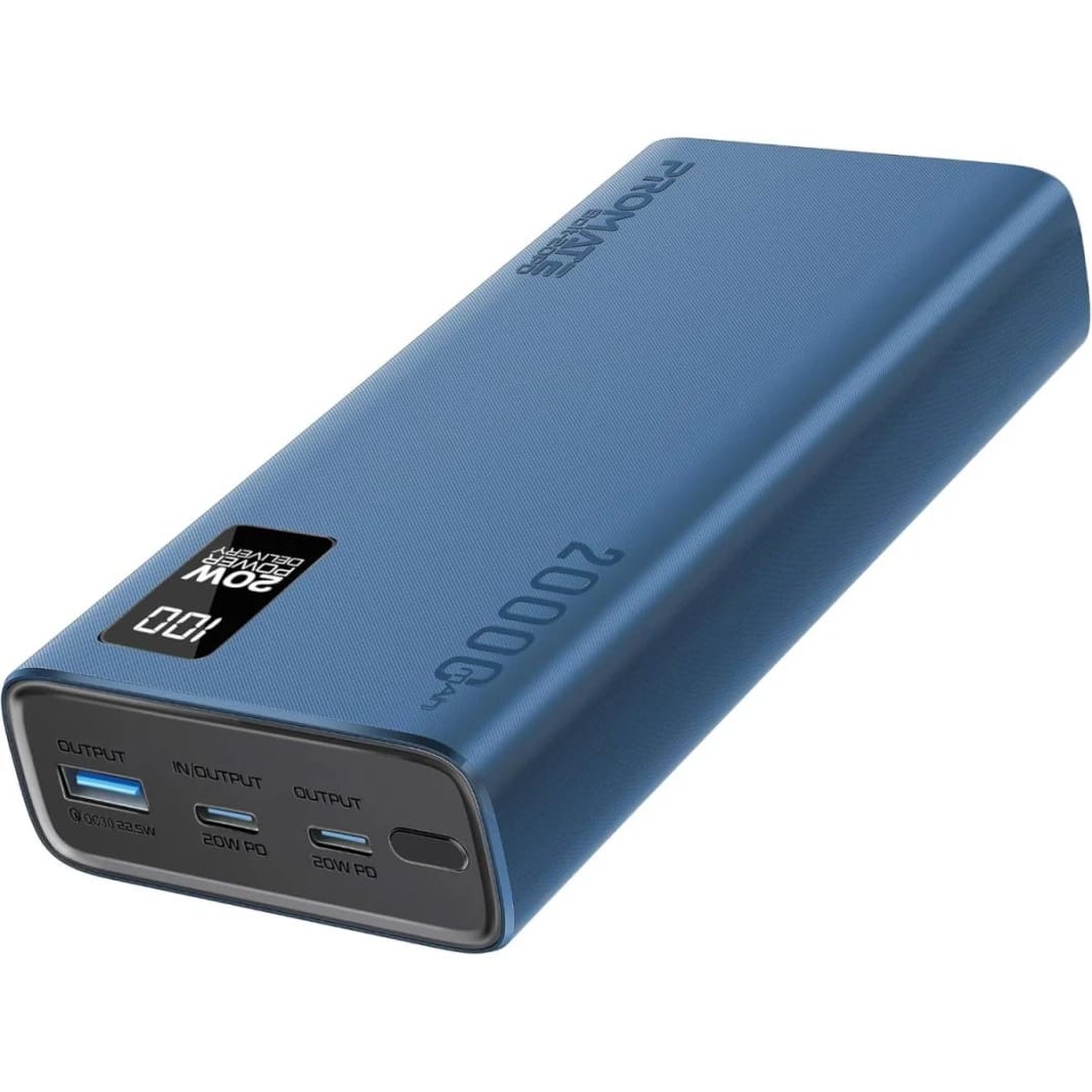 Promate Universal 20000mAh Ultra-Slim Power Bank with 20W USB-C Input/Output Port, QC 3.0 Output, USB-C Ports, LCD Display and Over-Heating Protection for Smartphones and Tablets, Bolt-20PD - Blue