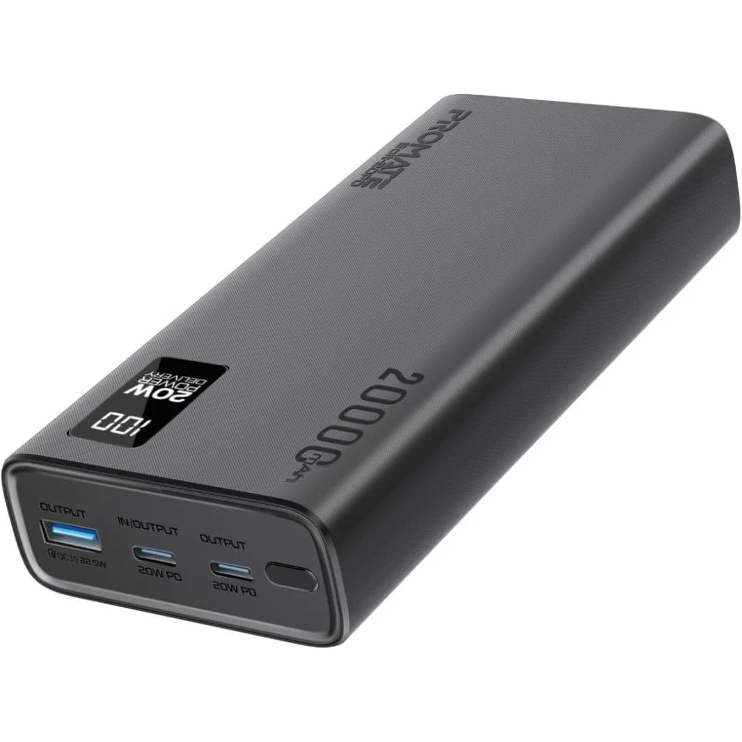 Promate Universal 20000mAh Ultra-Slim Power Bank with 20W USB-C Input/Output Port - Black