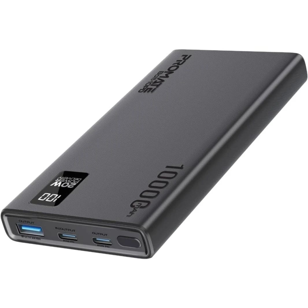 Promate Universal 10000mAh Ultra-Slim Power Bank with 20W USB-C Input/Output, QC 3.0, LCD Screen, Over-Heating Protection - Bolt-10PD