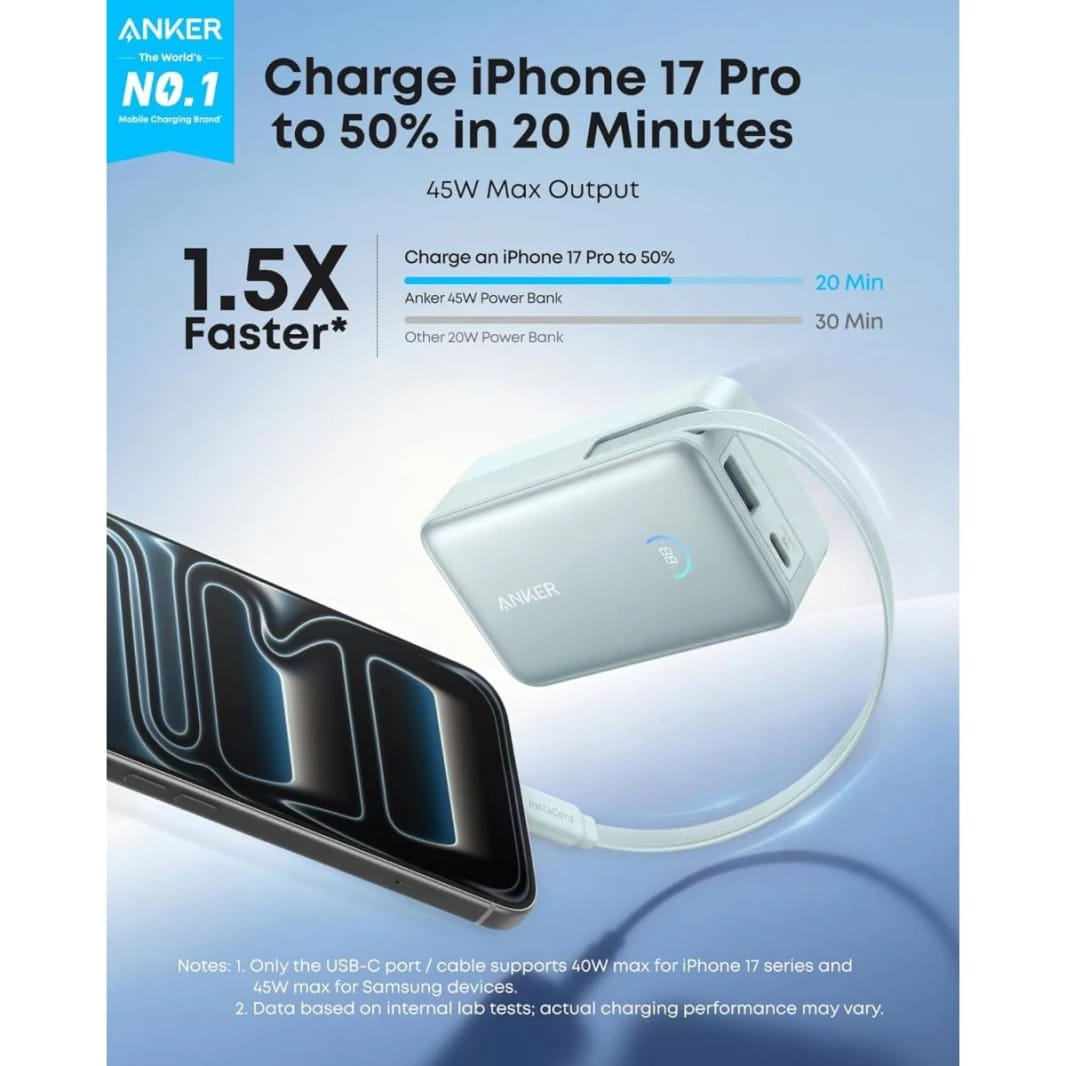 Anker Nano Portable Charger, 10000mAh 45W Max Compact Power Bank, Travel Essential Phone Battery Pack with 2.3 ft InstaCord Retractable Cable for iPhone 17/16 Series, iPad, Galaxy, Pixel, and More - 18 Month Warranty