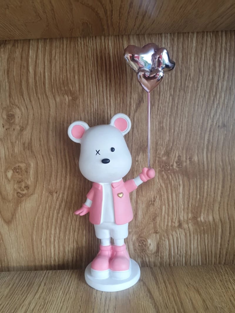 Cute Bear Figurine with Balloon Decorative Design for Kids and Lovers in Pink and White