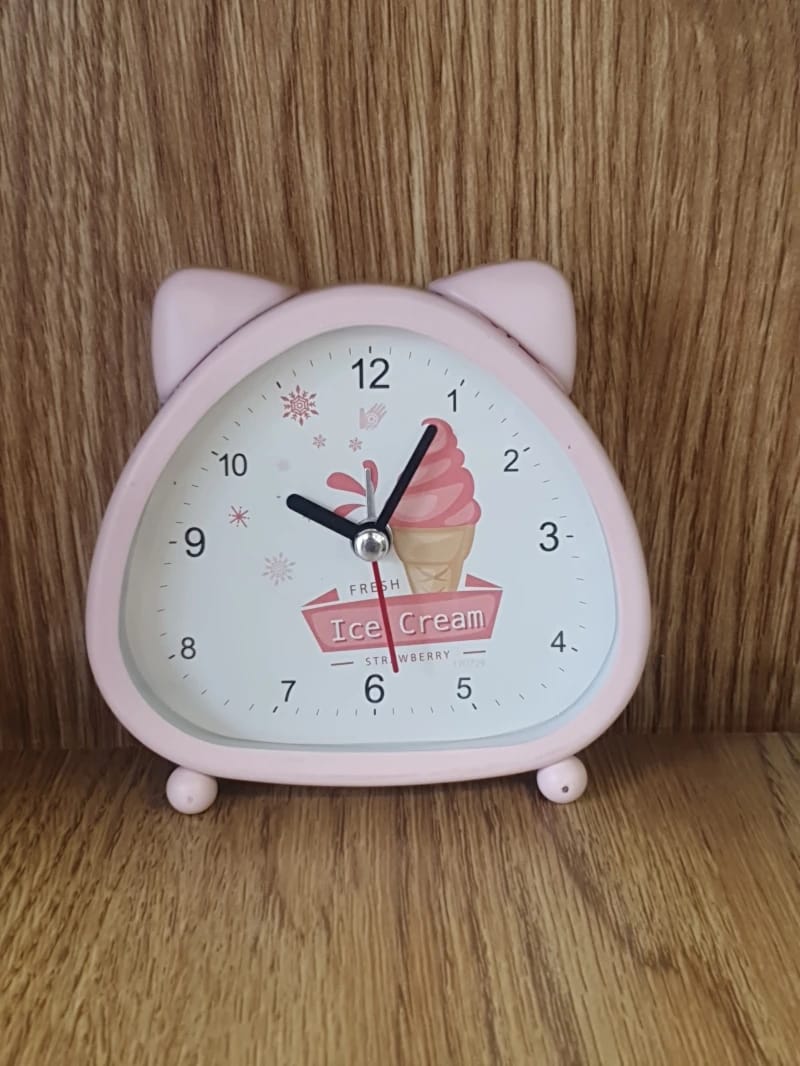 Pink Triangular Alarm Clock with Ice Cream Design for Kids' Rooms Decor and Child Enthusiasts, Cute Deco Clock with Ears.