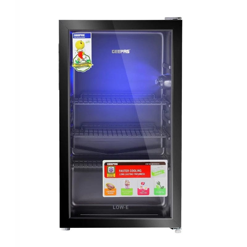 جيباس GSC1223 ثلاجة عرض 120 لتر – باب زجاجي مزدوج منخفض الانبعاثية، إضاءة LED، تبريد سريع | أسود