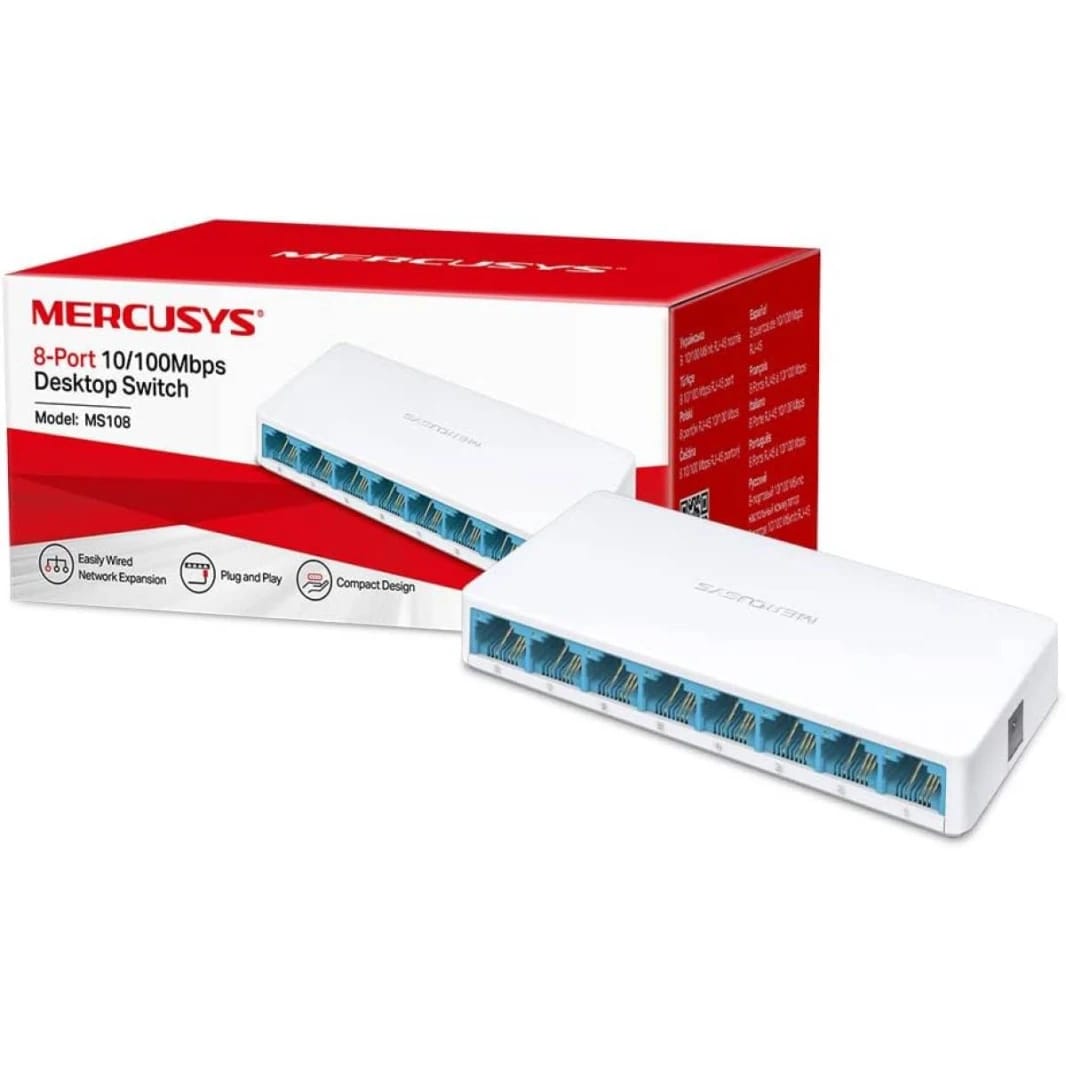 MERCUSYS 8-Port 10/100Mbps Desktop Ethernet Switch/Hub, Ultra-Compact Design, Plug & Play, no configuration required (MS108)