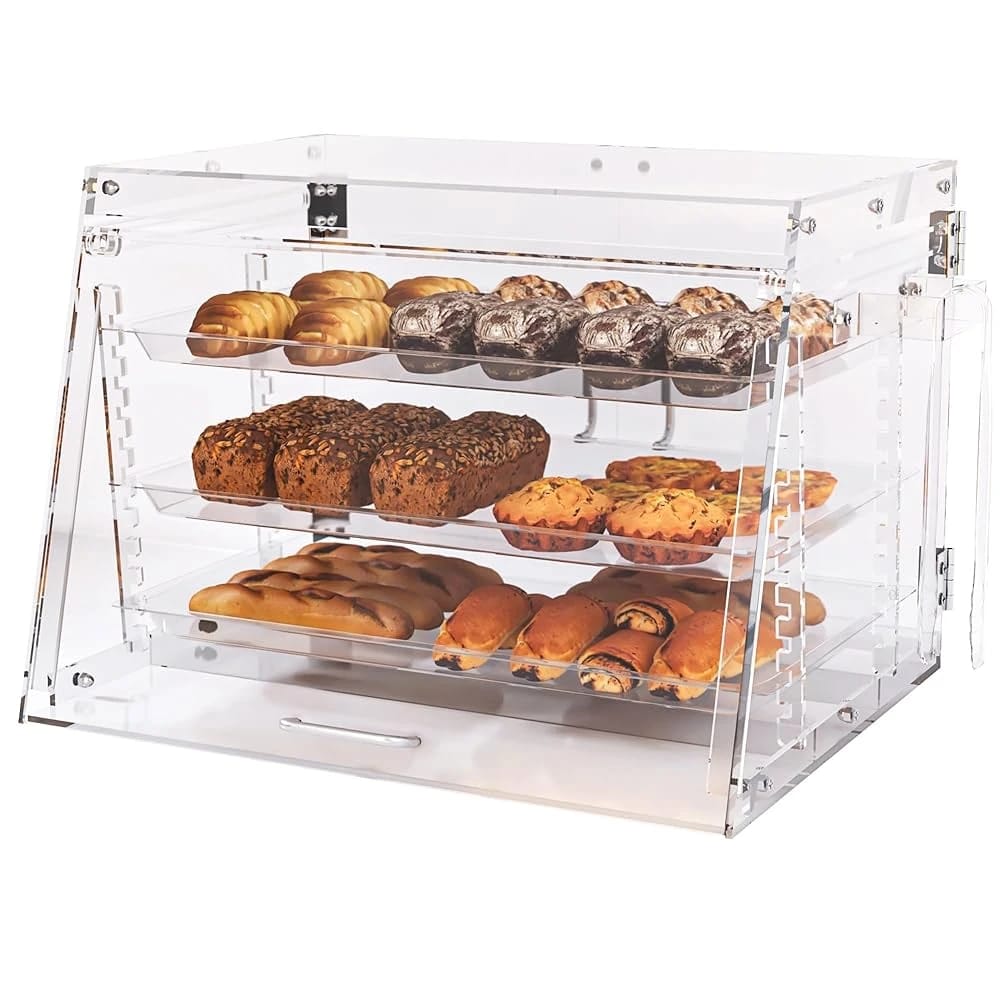  3-Tier Pastry Display Case Pastry Display Case, Clear Bread Box, 3-Tier Removable Bakery Case with Bread Tong, Commercial Countertop Cookie Display with Front and Rear Door