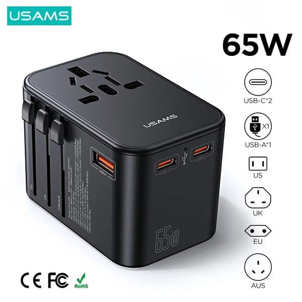 USAMS US-CC199 T62 65W Dual Type-C+USB Universal Travel Charger