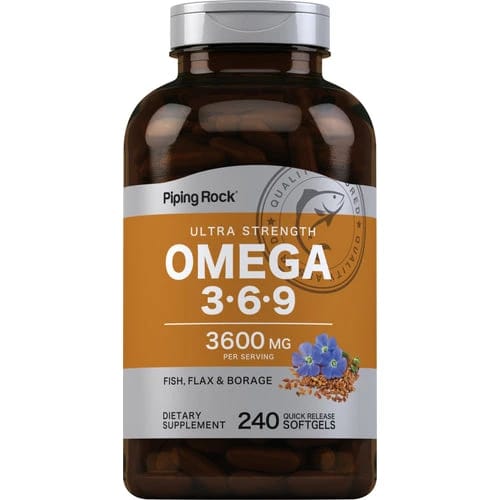 PipingRock Ultra Omega 3-6-9, 1200 mg Organic Flaxseed Oil, Borage Oil & Fish Oil, 240 Softgels