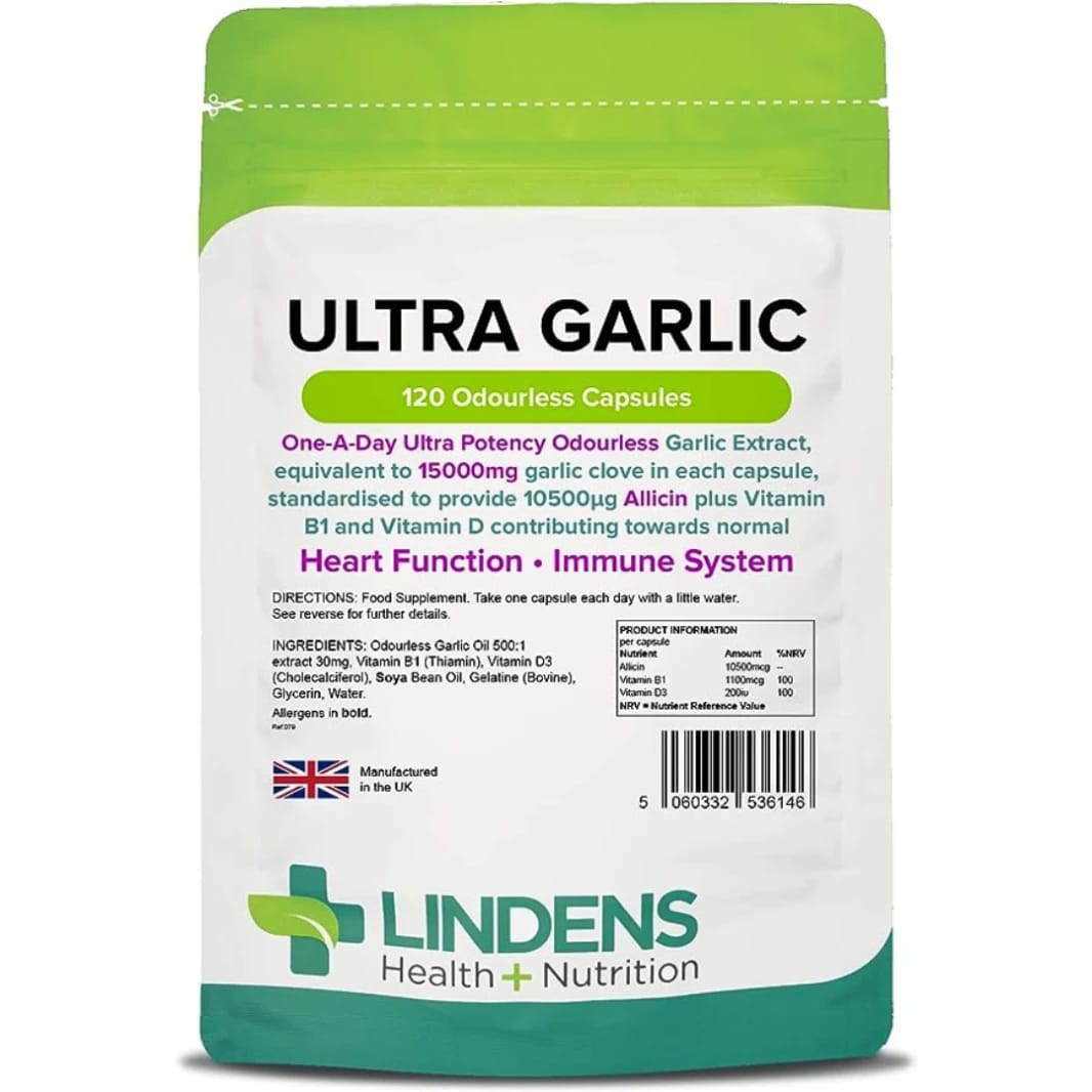 Lindens Ultra Garlic Odourless 15000 mg with Vitamin B1 and D3, 120 Capsules