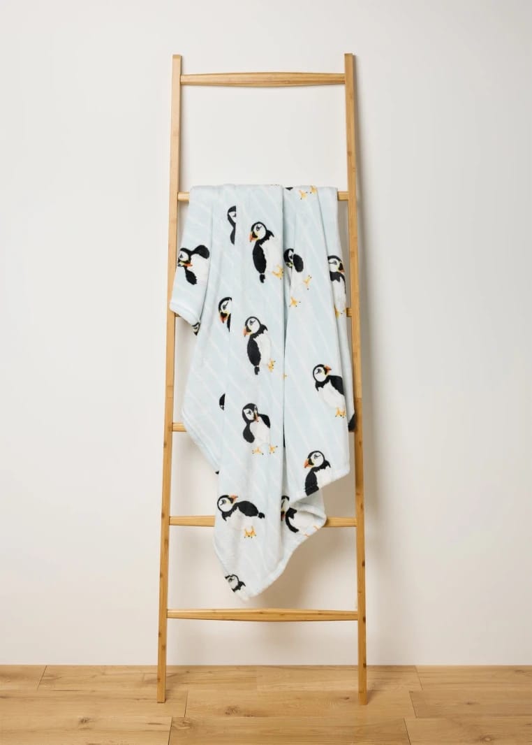 Puffin Print Fleece Blanket - Blue - One Size