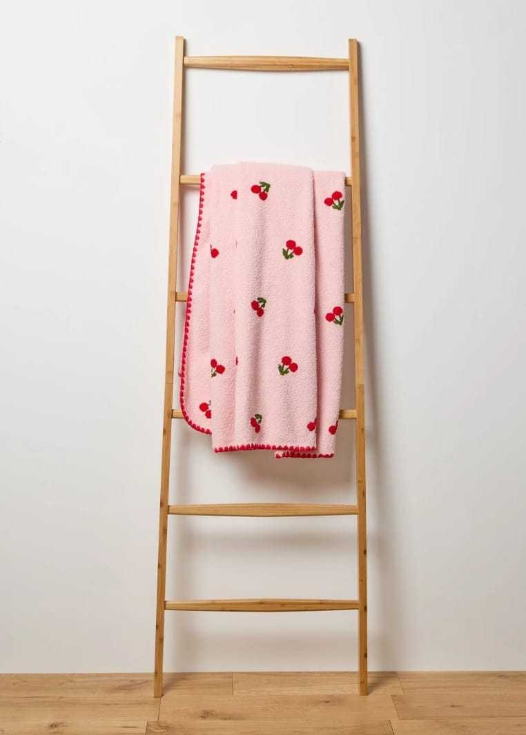 Cherry Embroidered Blanket - Pink