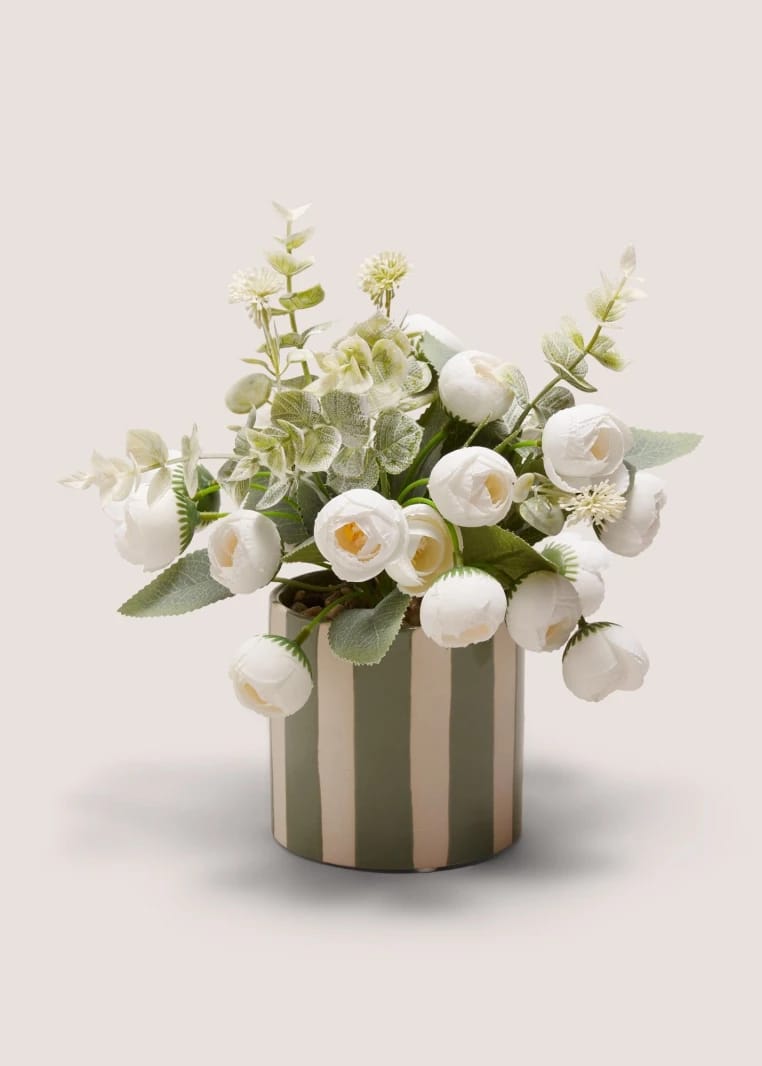 Peony Buds in Striped Pot - White - One Size