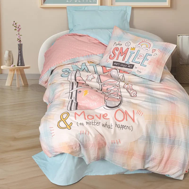 Nova Home Smile Duvet Cover Set - Youthful Design - 100% Cotton - Single & Twin XL - 3 Pieces - Light Green