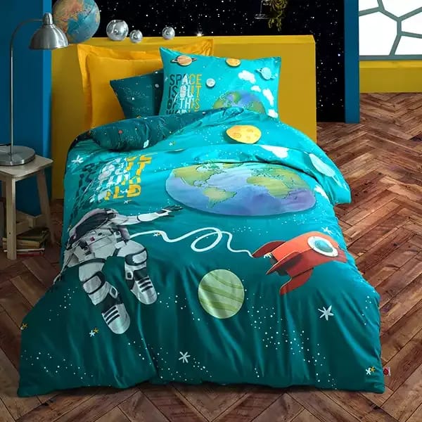 Nova Home Little Astronaut Kids Duvet Cover Set - 100% Cotton - Single & Large Single - 3 Pieces - Blue