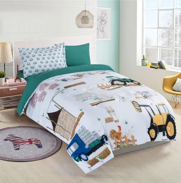 Nova Home - Little Farmer Kids Quilt Set - Single & Extra Single - 4 Pieces - White