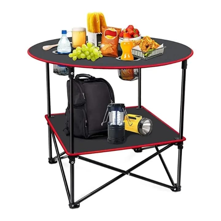 Round Two-Tier Camping Table with 4 Cup Holders