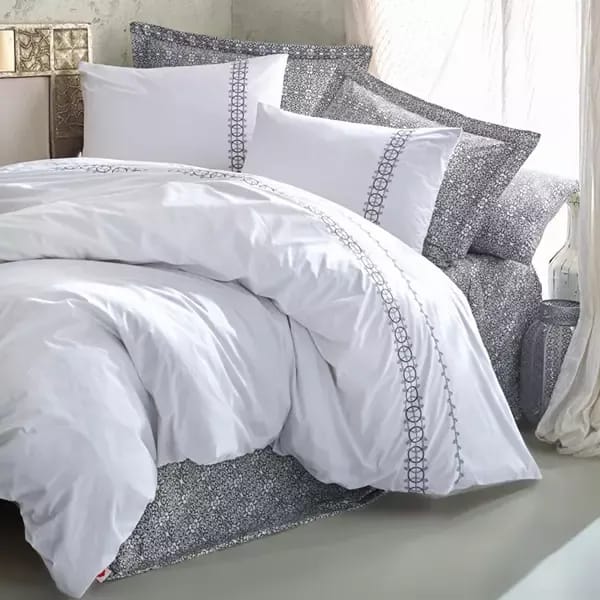 Nova Home Paola Embroidered Duvet Cover Set - 100% Cotton - Double & Large Double - 6 Pieces - Gray