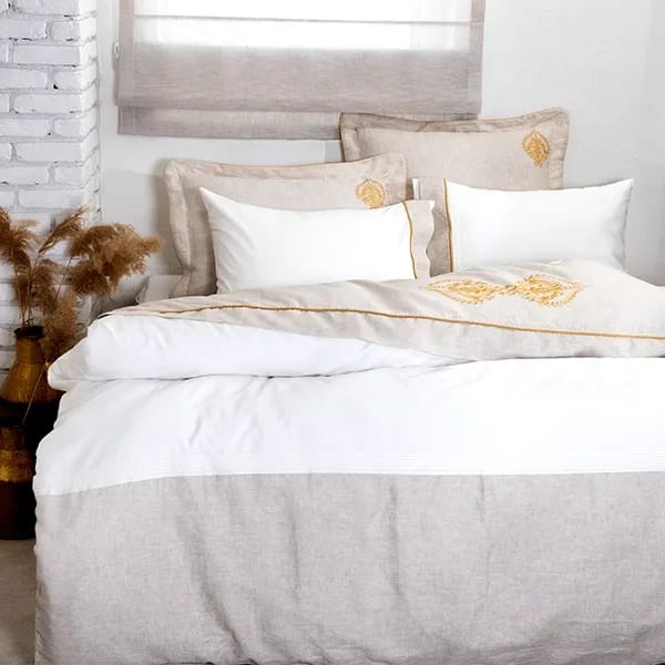 Eco Cotton Hanzade Embroidered Quilt Face Set - 100% Organic Satin Cotton & Linen - 300 TC - Full & Large Full - 6 Pieces - Cream & Gold