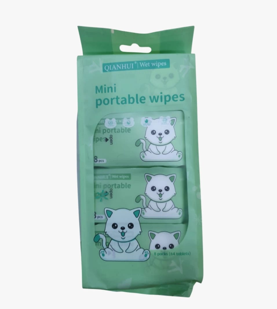 Qianhui Mini Portable Wet Wipes with Cute Kitten Design, Ideal for Kids and Adults for Anytime Hygiene and Care.