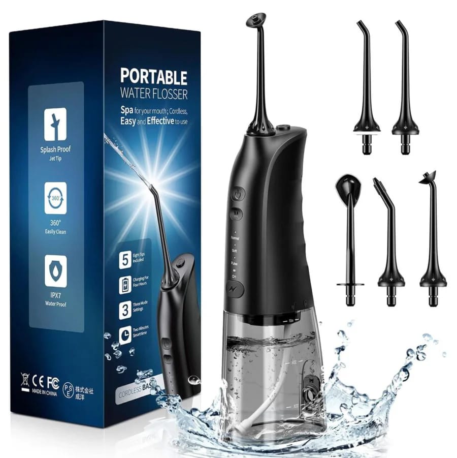 Demita Portable Water Flosser - 3 Modes, 5 Jet Tips, IPX7 Waterproof - Black