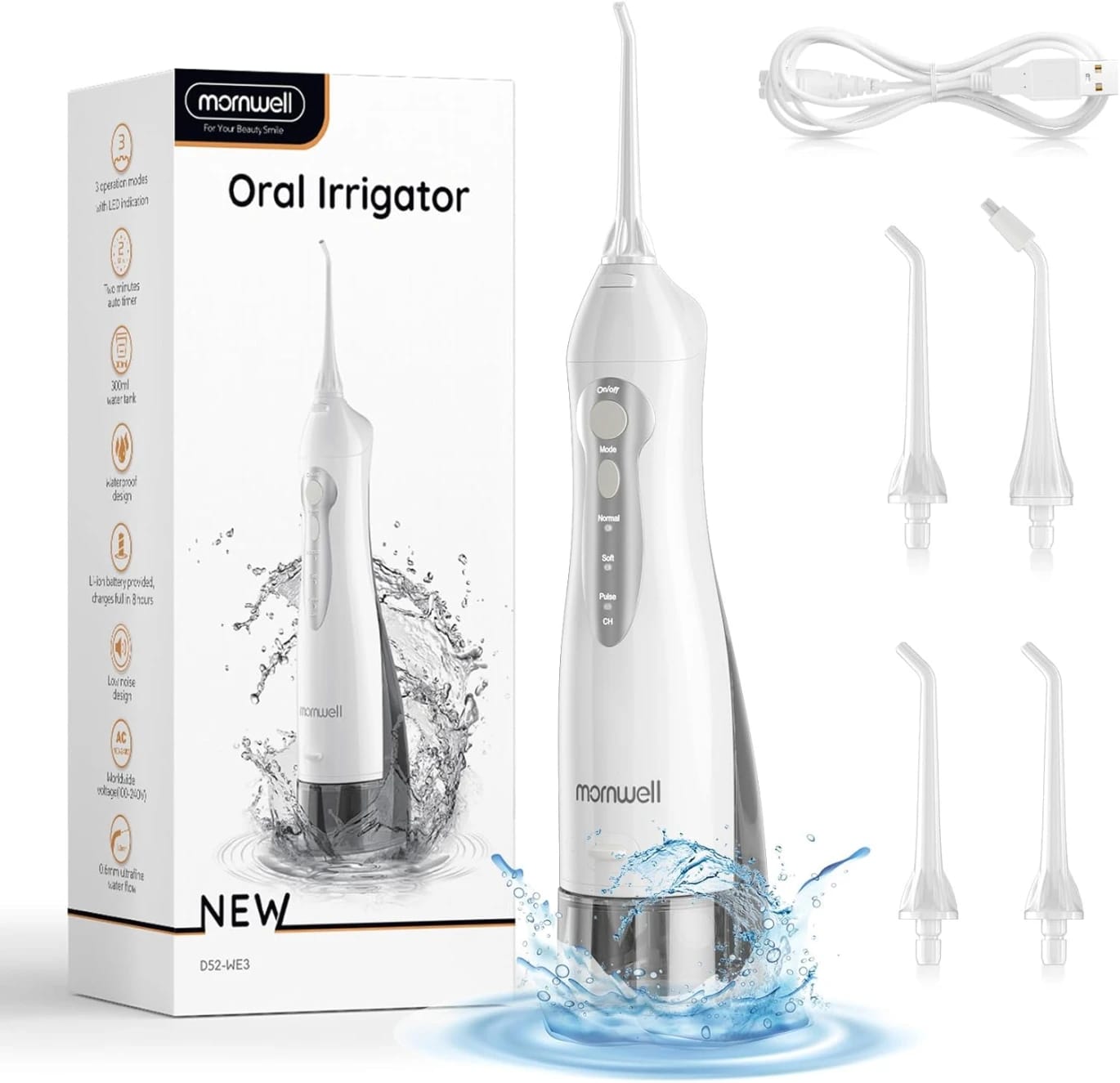 Mornwell D52 – Portable Water Flosser with 3 Modes & 4 Tips, IPX7 Waterproof