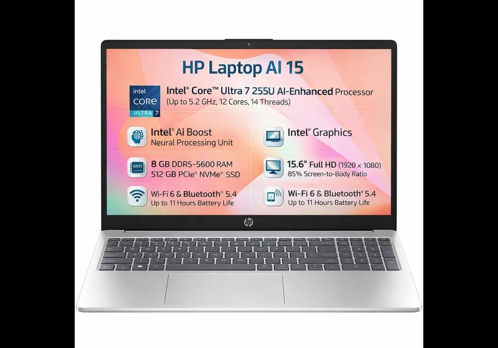 HP AI Business Laptop 15-fd2022ne, Intel Core Ultra 7 255U 5.2GHz, 8GB DDR5, 512GB PCIe SSD, 15.6" FHD, WiFi 6, BT 5.4 - Natural Silver