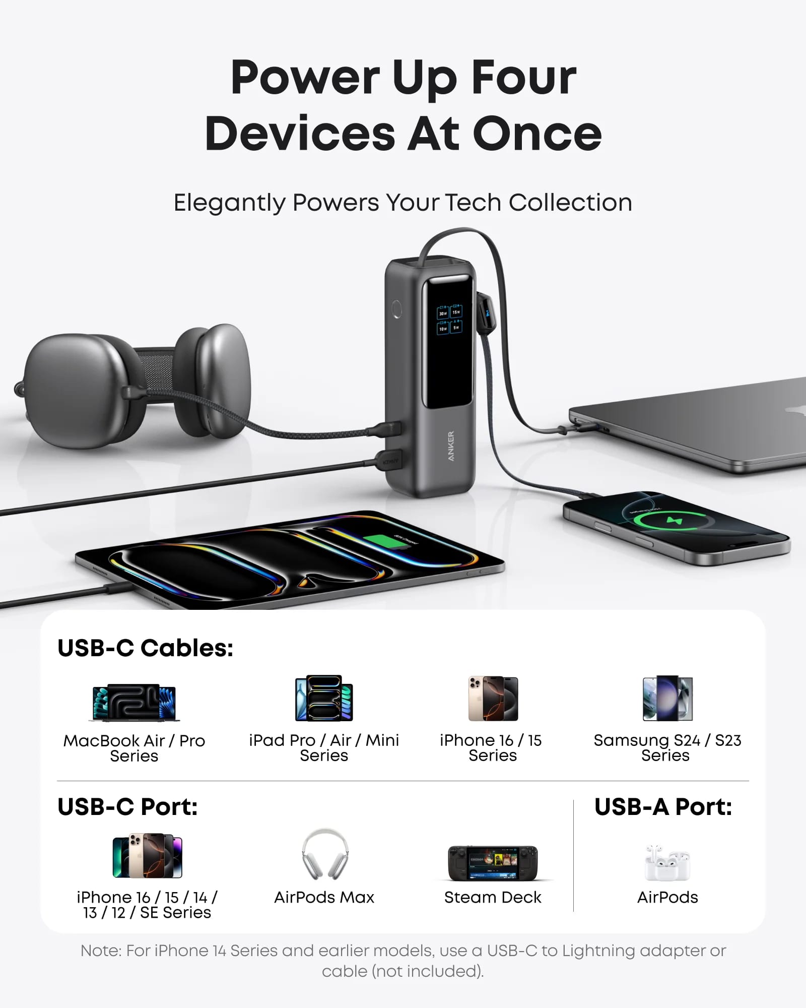 Anker Power Bank 25K, 165W with USB-C and Retractable Cable