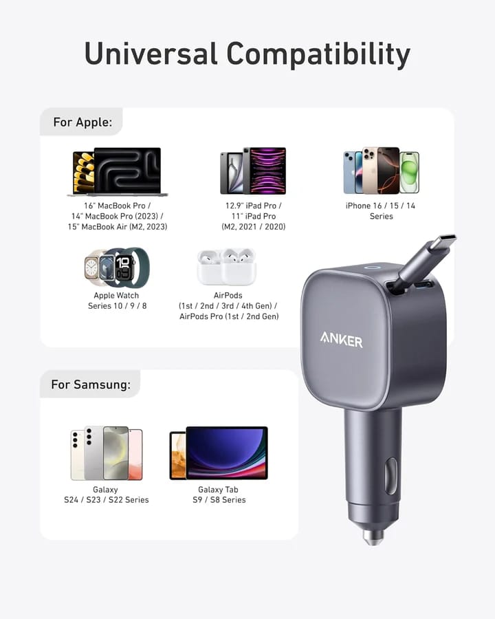 Anker Nano Car Charger 75W with USB-C Port & Built-In Cable