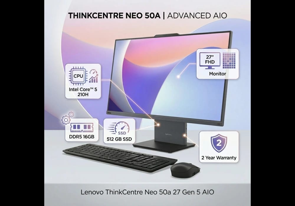 لينوفو ثينك سنتر نيو 50a جيل 5 الكل في واحد، إنتل كور™ 5 210H، 16 جيجابايت DDR5، 512 جيجابايت SSD، شاشة 27" FHD، لون لونا جراي - ضمان سنتين