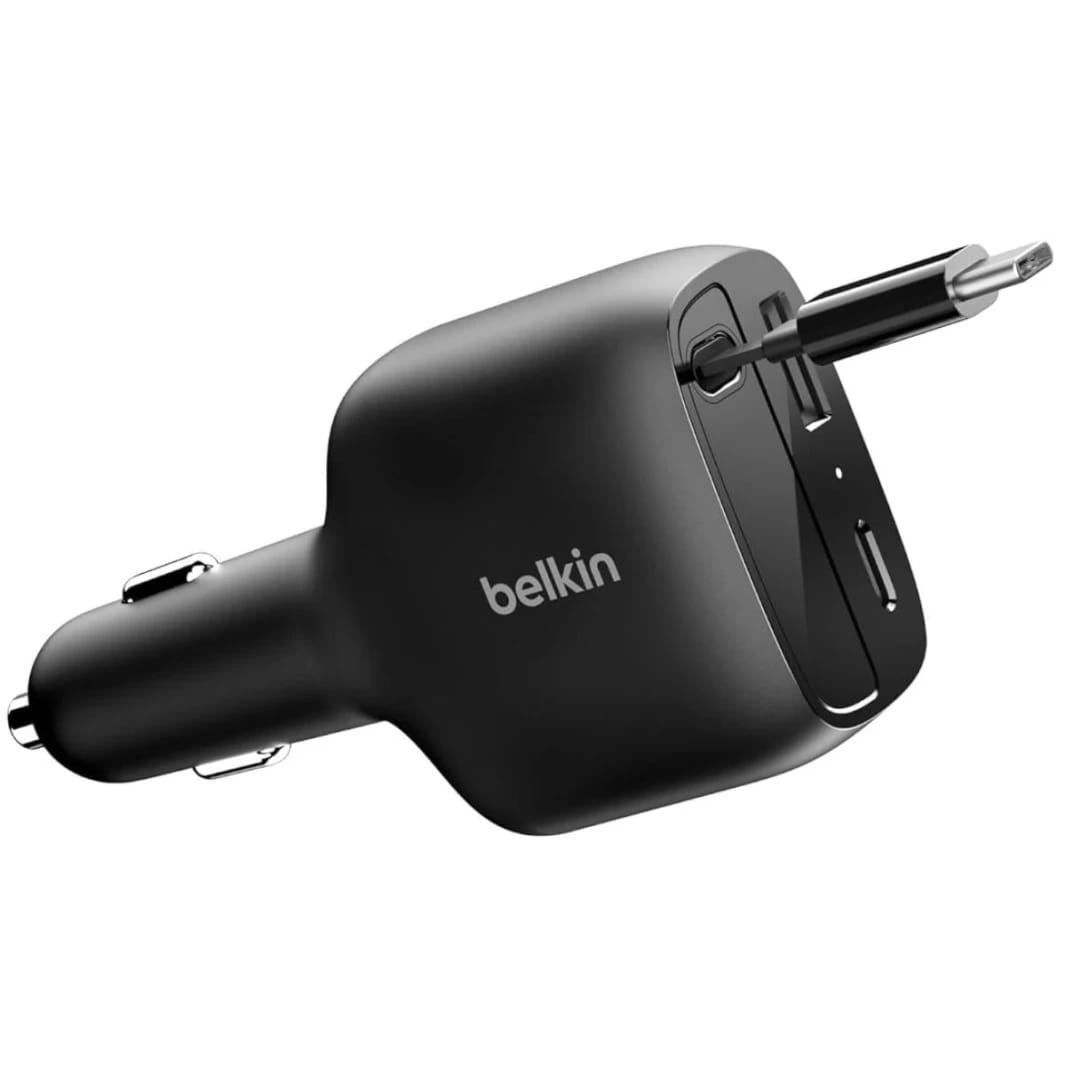 Belkin USB-C Car Charger 75W with Retractable Cable - Black