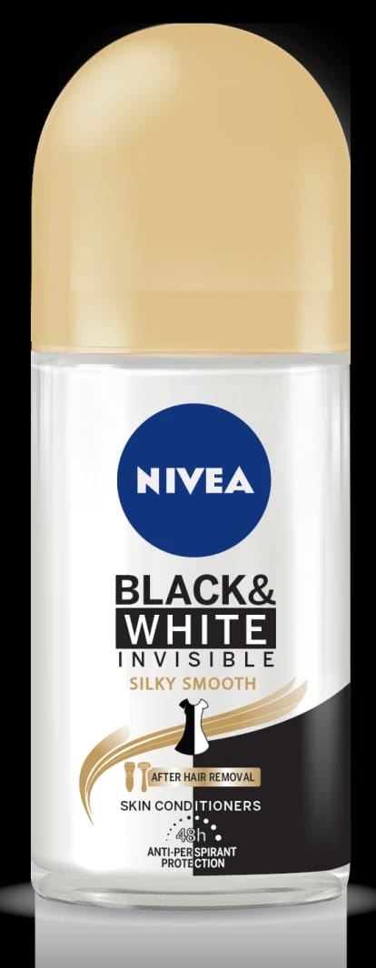 NIVEA Black & White Invisible Silky Smooth Roll-On Deodorant for Men and Women, Long-Lasting Protection, Prevents Clothing Stains