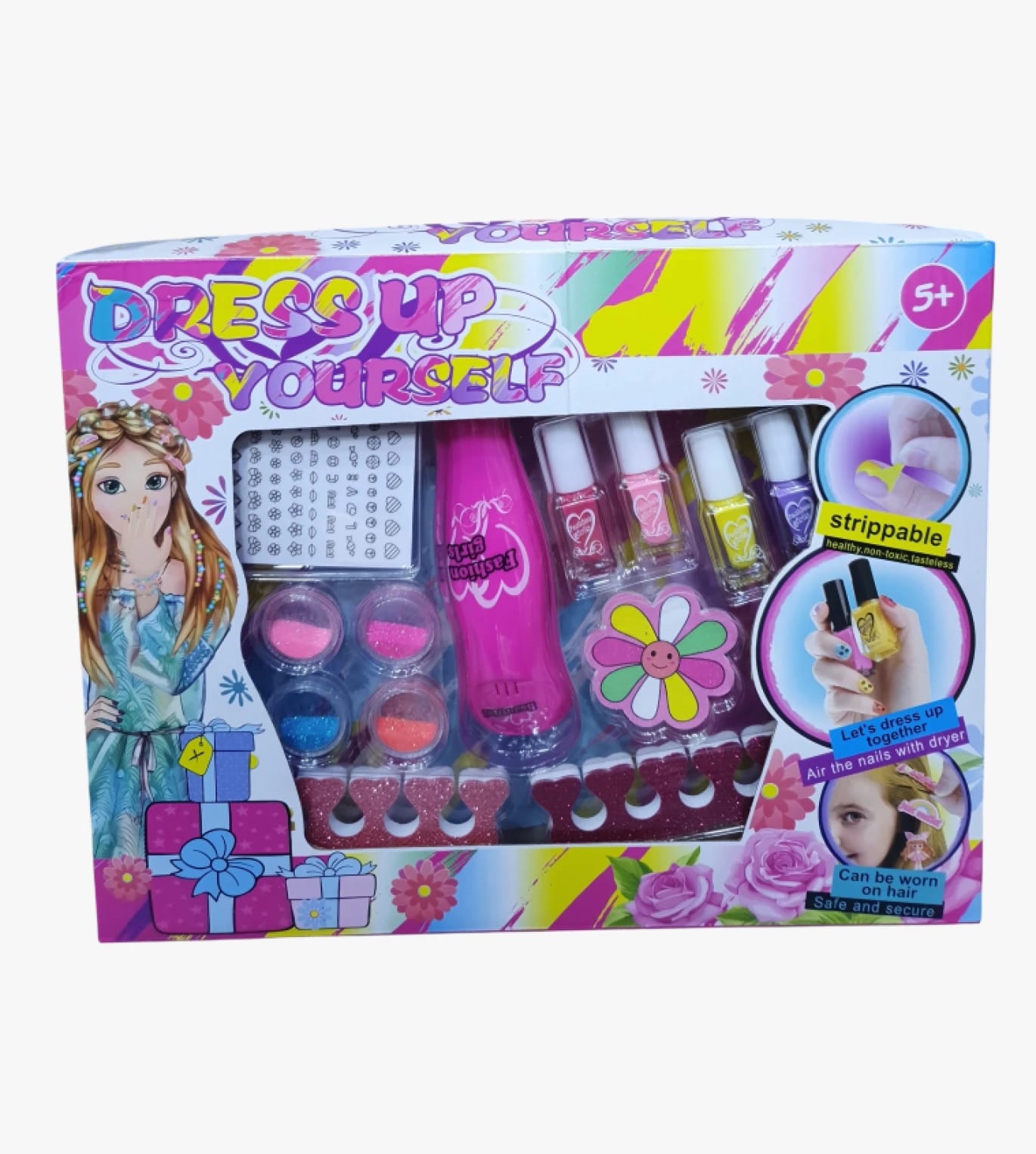 Dress Up Yourself Kids Beauty Kit with Strippable Nail Polish and Floral Designs for Girls Ages 5 and Up