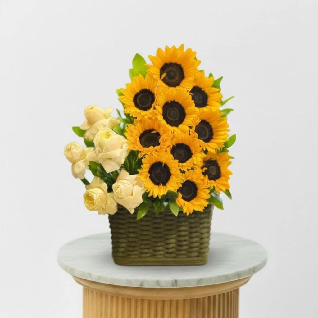 Sunlit Grace – Sunflower & White Rose Basket