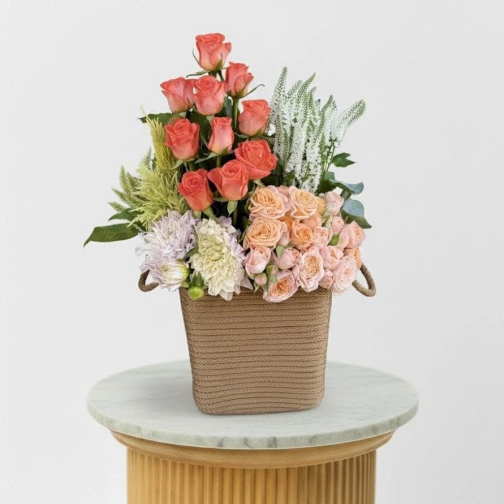 Peach Roses & White Veronica Basket