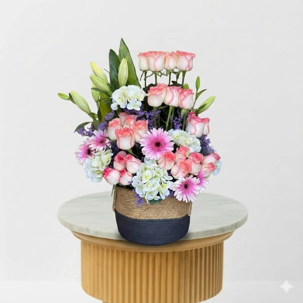 Pink & White Roses with Hydrangeas in Basket