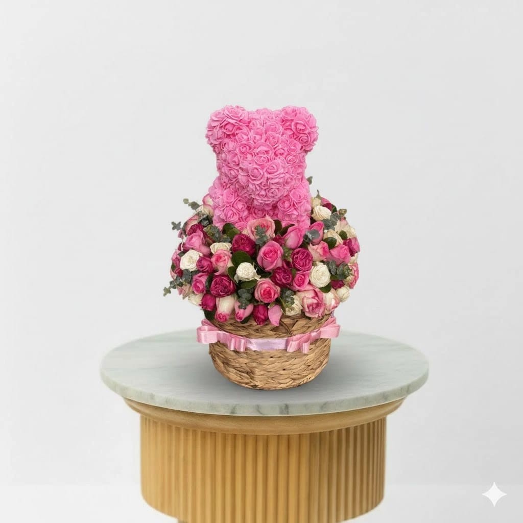 Mixed Rose Bear Bouquet Basket