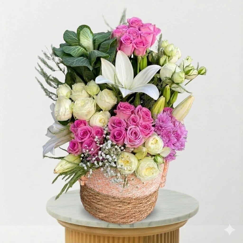 Pink & White Roses with Lilies in Woven Basket