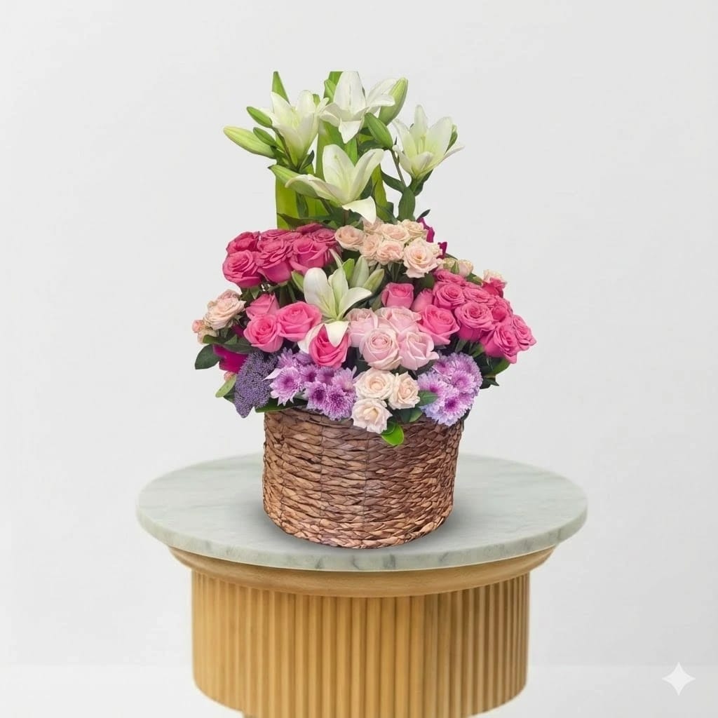 Blush Harmony – Pink & White Lily Rose Basket
