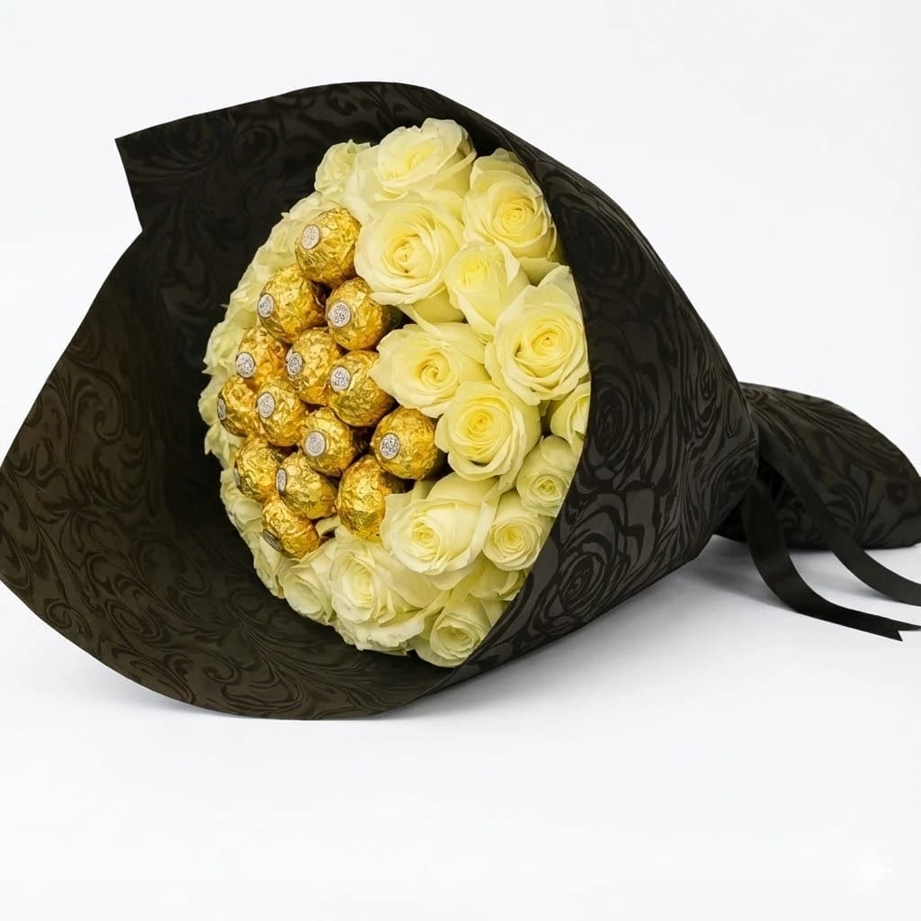 Elegant White Roses & Ferrero Rocher Bouquet