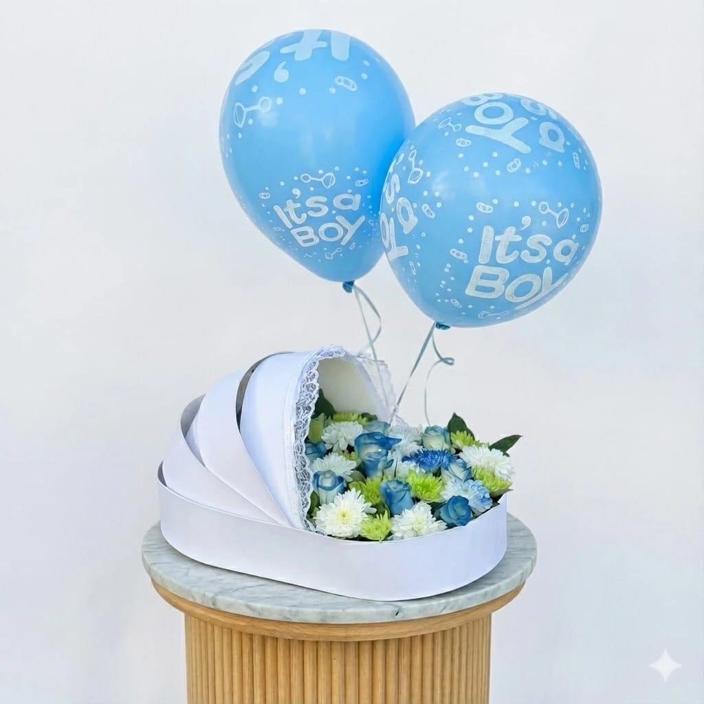 New Baby Boy Blue Bassinet Flower Gift