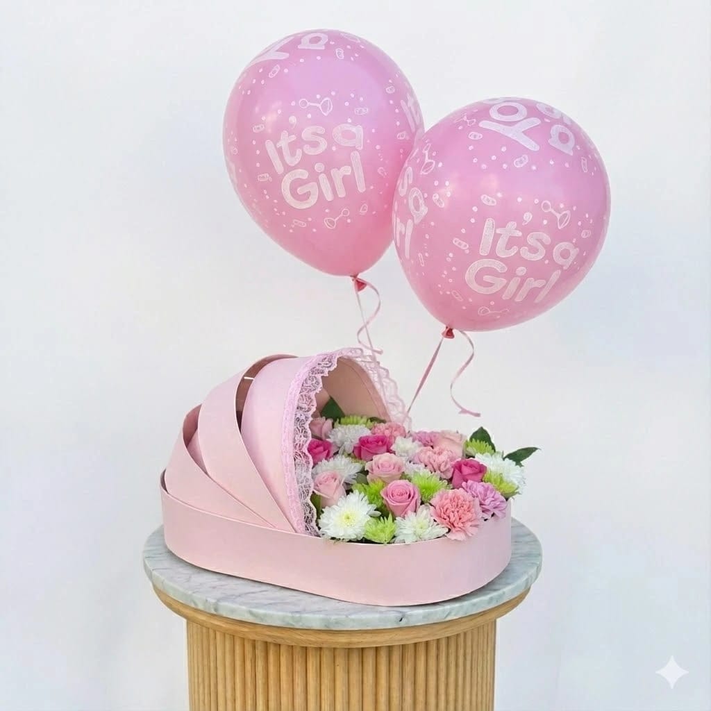 Baby Girl Pink Bassinet Flower Gift