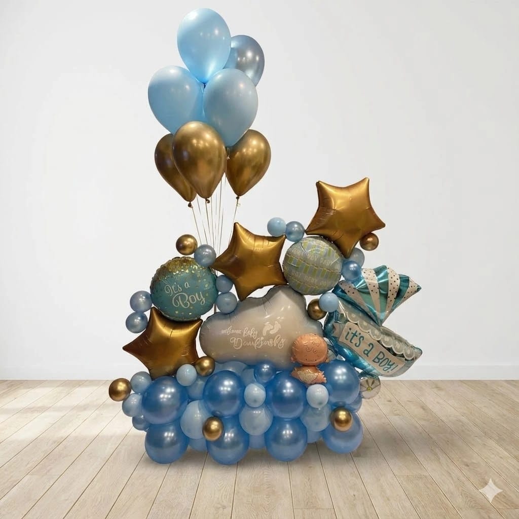 Luxury Baby Boy Balloon Arrangement – Blue & Gold