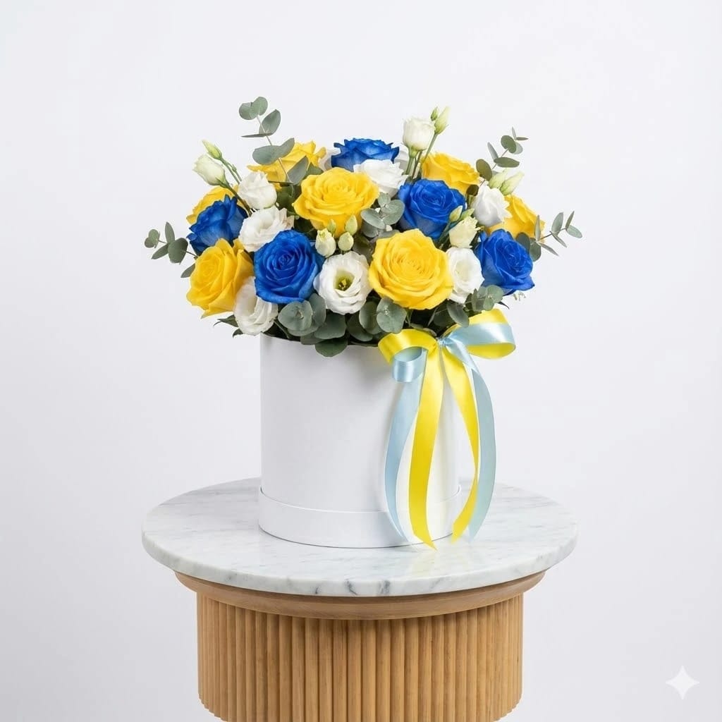 Blue & Yellow Roses in White Box