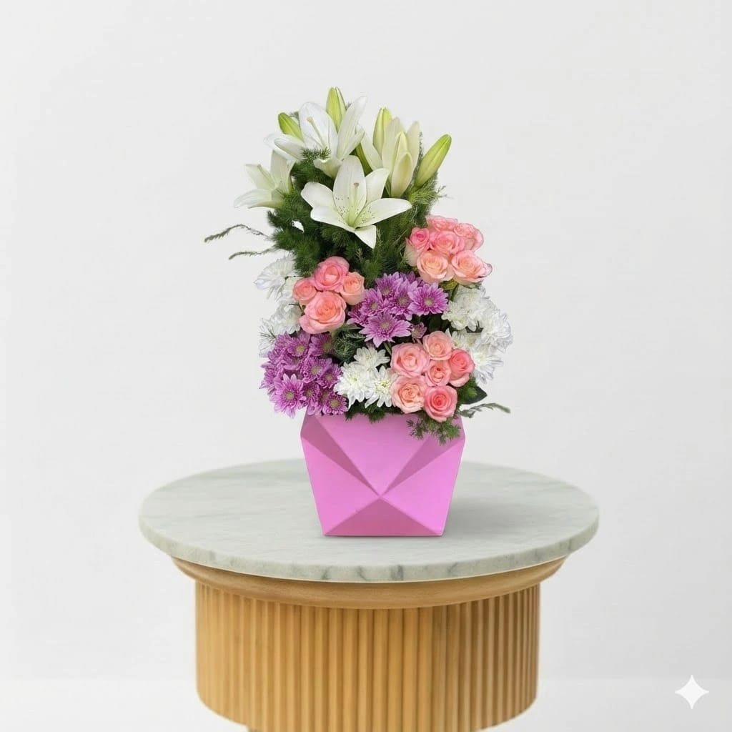 White Lily & Pink Rose Geometric Flower Arrangement