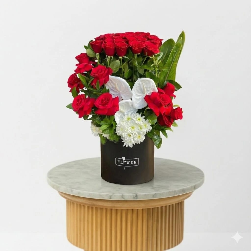 Luxury Red Roses & White Anthurium Box
