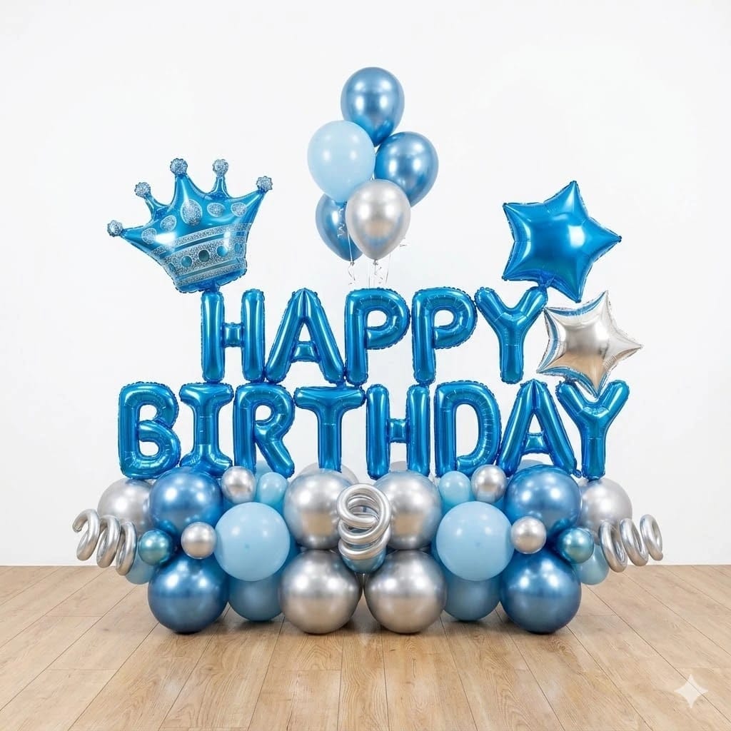 Blue & Silver Crown Birthday Balloon Stand