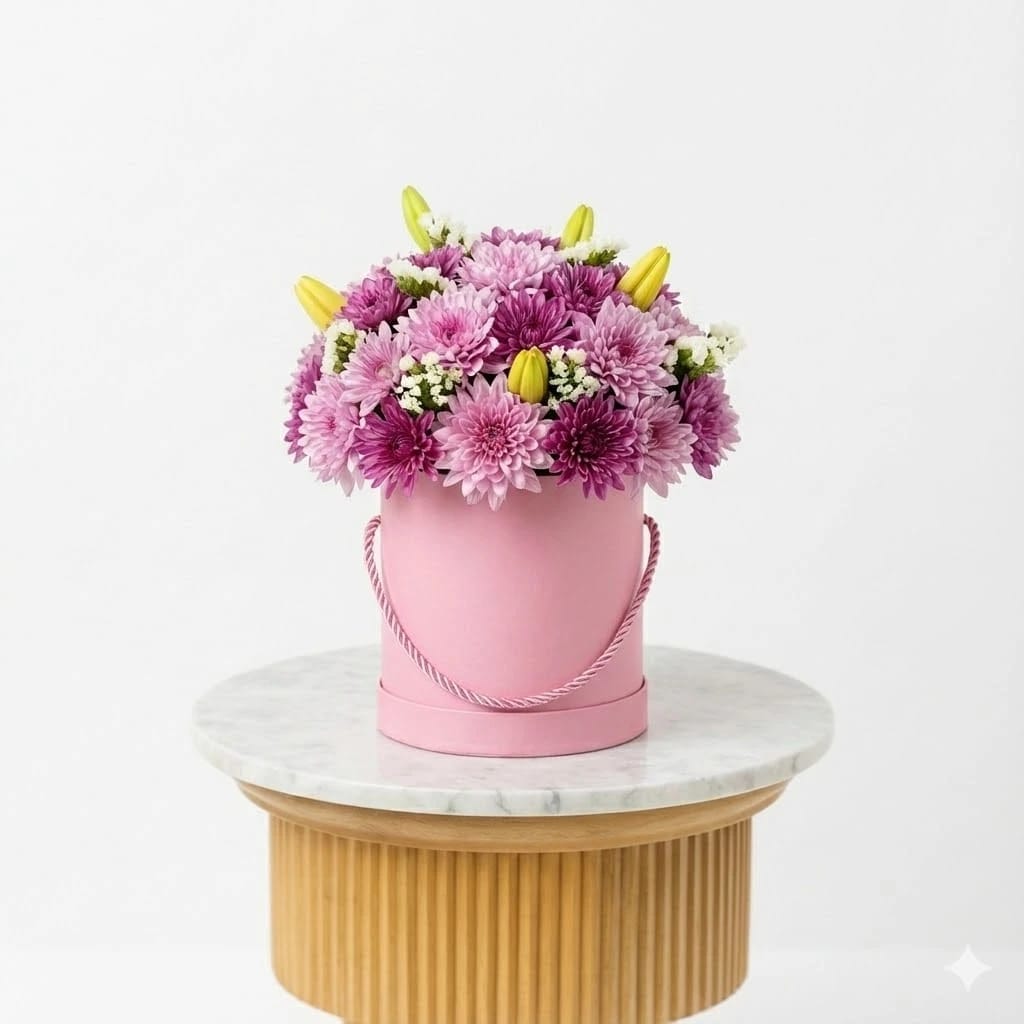 Purple Chrysanthemums & Yellow Accents in Pink Box
